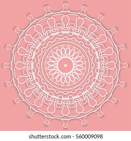 Mandala, round vector decorative ornament, stylized floral white lace pattern with shadow, isolated design element, Tribal ethnic background, arabic, indian, turkish motif