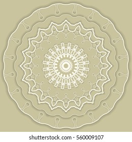 Mandala, round vector decorative ornament, stylized floral white lace pattern with shadow, isolated design element, Tribal ethnic background, arabic, indian, turkish motif