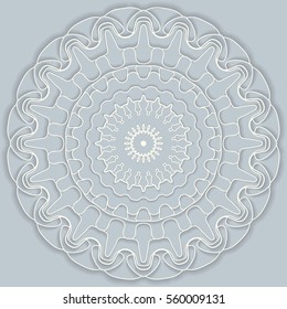 Mandala, round vector decorative ornament, stylized floral white lace pattern with shadow, isolated design element, Tribal ethnic background, arabic, indian, turkish motif