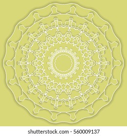 Mandala, round vector decorative ornament, stylized floral white lace pattern with shadow, isolated design element, Tribal ethnic background, arabic, indian, turkish motif