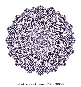 Mandala -round vector ornament. Traditional indian symbol. Geometric circle element. Hand drawn vintage spiritual and meditation icon. Graphic template for your design. Isolated on white background.