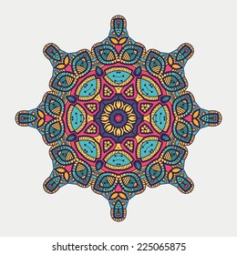 Mandala -round vector ornament. Traditional indian symbol. Geometric circle element. Hand drawn vintage spiritual and meditation icon. Graphic template for your design. Isolated on white background.
