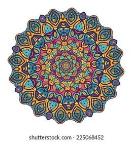Mandala -round vector ornament. Traditional indian symbol. Geometric circle element. Hand drawn vintage spiritual and meditation icon. Graphic template for your design. Isolated on white background.
