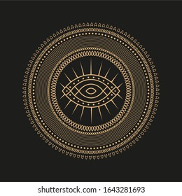 Mandala sacred geometry. Circle abstract design. Vector illustration. Gold color. Oriental silhouette ornament. Black background.