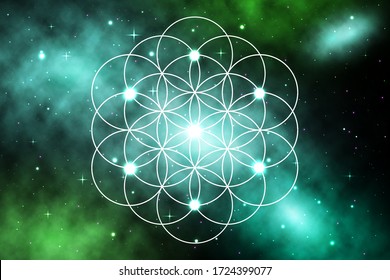 Mandala sacred geometry flower of life with galaxy background, Vector mandala Oriental pattern, Hand drawn decorative element. Concept relax and meditation use for page logo