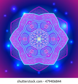  Mandala sacred geometry symbol in neon colors. Vector illustrations.