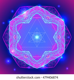  Mandala sacred geometry symbol in neon colors. Vector illustrations.