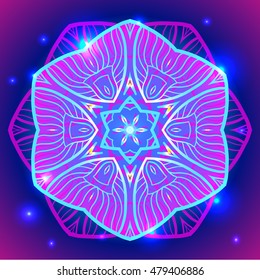  Mandala sacred geometry symbol in neon colors. Vector illustrations.