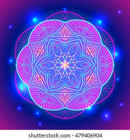  Mandala sacred geometry symbol in neon colors. Vector illustrations.