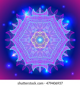  Mandala sacred geometry symbol in neon colors. Vector illustrations.