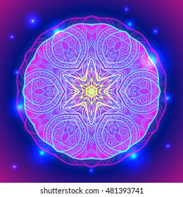  Mandala sacred geometry symbol in neon colors. Vector illustrations.