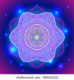  Mandala sacred geometry symbol in neon colors. Vector illustrations.