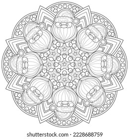 Mandala with Santa Claus and holly berries.Coloring book antistress for children and adults. Illustration isolated on white background.Zen-tangle style. Hand draw