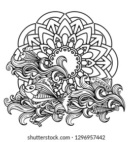 Mandala with sea waves and curls. Coloring book page. Outline vector illustration. Isolated on white background