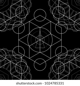 Mandala seamless abstract geometric ancient vector illustration in black background. Sacred geometry. Alchemy, religion, philosophy, hipster elements. Geometric shapes. Vector illustration.