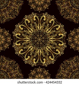Mandala seamless background gold damask pattern. Hand drawing a lacy floral motif wallpaper. Paisley Ethnic jewelry texture. EPS8 vector buta backdrop.