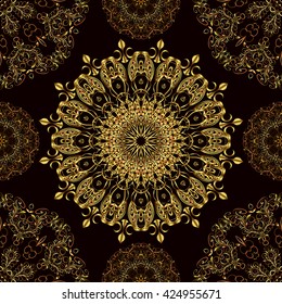 Mandala seamless background gold damask pattern. Hand drawing a lacy floral motif wallpaper. Paisley Ethnic jewelry texture. EPS8 vector buta backdrop.