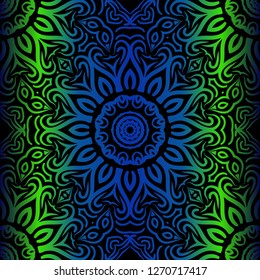 Mandala Seamless Floral Pattern. Design For Square Fashion Print. Vector Illustration. Blue, green color