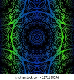 Mandala Seamless Floral Pattern. Design For Square Fashion Print. Vector Illustration. Blue, green color
