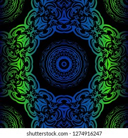 Mandala Seamless Floral Pattern. Design For Square Fashion Print. Vector Illustration. Blue, green color