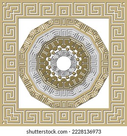 Mandala. Seamless greek pattern with square frame. Ornamental background. Vector repeat backdrop. Patterned greek key meander square ornament with frames, borders, circles. Isolated design on white.