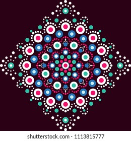 Mandala seamless pattern. Aboriginal colorful design in blue, green, white, crimson colors. Floral dot by dot ornament. Folk dot art. Ethnic style painting. Vector endless geometric ornament