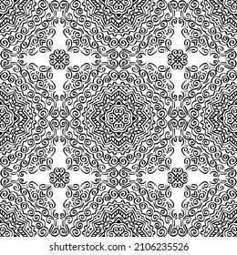 Mandala seamless pattern abstract swirls background on black and white.