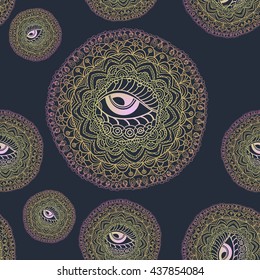 Mandala seamless pattern. All-seeing eye. Islam, Arabic, Indian, ottoman motifs. Vector Mandala