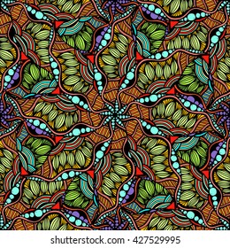 Mandala seamless pattern. Arabic, Indian, Islamic, Ottoman ornament. Green and red floral pattern, motif. Vector illustration.