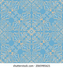 Mandala seamless pattern background with dolphin sea animals ornament.