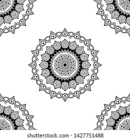 Mandala seamless pattern black and white. Arabic, Pakistan, Moroccan, Turkish, Indian, Spain motifs. Vector illustration EPS 10
