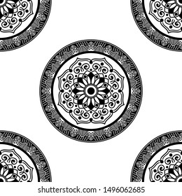 Mandala seamless pattern black and white. Hand drawn background, vector isolated on white.