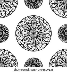 Mandala seamless pattern, black and white wallpaper, endless illustration