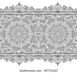 Mandala seamless pattern borders,strips background.Vintage decorative ornament.Hand drawn East,Islam,Arabic Indian,ottoman,thai motifs.Abstract Tribal,ethnic texture.Orient  lace,black 
