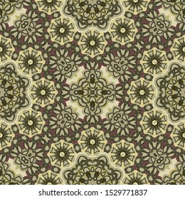Mandala seamless pattern  in cherry and gold for decoration. Print for paper wallpaper, tiles, textiles, neckerchief.