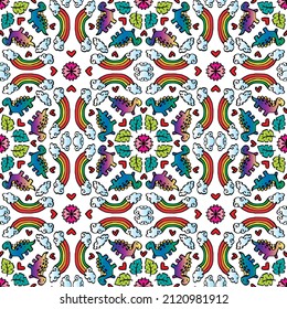Mandala seamless pattern with cute Dinosaur