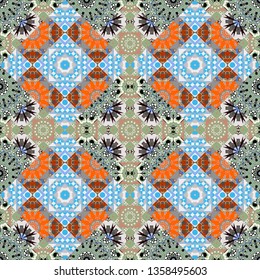 Mandala seamless pattern. Ethnic bohemian background in green, gray and blue colors. Print for fabric. Wrapping and scrapbook paper. Indian, Arabic, Islamic, Japanese motifs. Vector illustration.