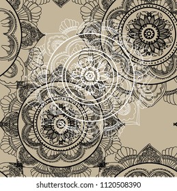 Mandala. Patrón sin problemas. Dibujo étnico indio. Yoga, meditación. Dibujo manual. Fondo elegante, muchos detalles.