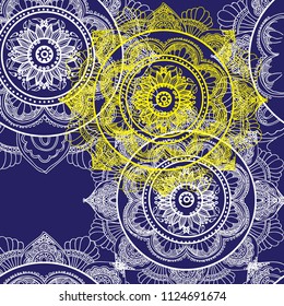Mandala. Seamless pattern. Ethnic Indian drawing. Yoga, meditation. Drawing manually. Stylish background, lots of details.