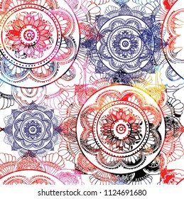 Mandala. Seamless pattern. Ethnic Indian drawing. Yoga, meditation. Drawing manually. Stylish background, lots of details.