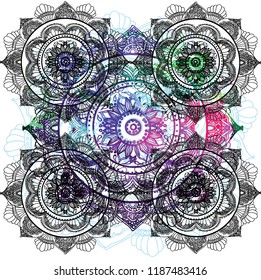 Mandala. Seamless pattern. Ethnic Indian drawing. Yoga, meditation. Drawing manually. Stylish background, lots of details.