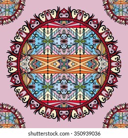 Mandala seamless pattern, geometric floral round ornament, tribal ethnic arabic Indian motif. Hand drawn decorative background, vector illustration