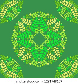 Mandala. Seamless pattern. Multicolored painted leaves and branches. Sacred image. Vintage decorative elements.Can be used for wallpaper, textile, invitation card, wrapping, web page background.