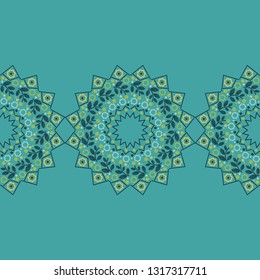 Mandala. Seamless pattern. Multicolored painted leaves and branches. Sacred image. Vintage decorative elements. Can be used for wallpaper, textile, invitation card, wrapping, web page background.