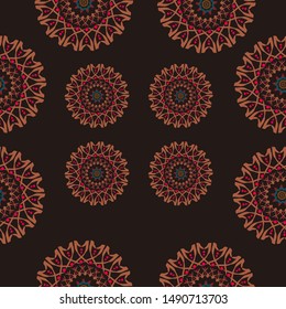 Mandala Seamless Pattern on Black Background. Floral Motifs
