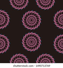 Mandala Seamless Pattern on Black Background. Floral Motifs