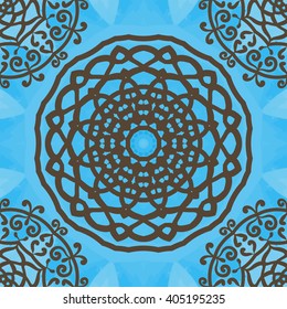 Mandala seamless pattern on blue, oriental art, yoga pattern.
