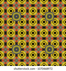 Mandala seamless pattern. Print for fabric. Wrapping and scrapbook paper. Indian, Arabic, Islamic, Japanese motifs. Ethnic bohemian background in black, blue and yellow colors. Vector illustration.