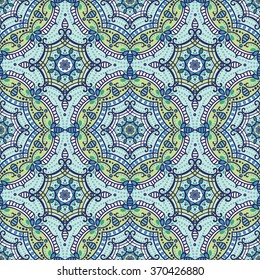 Mandala  seamless  pattern.Vintage vector decorative ornament,background. East,Islam, Arabic, Indian,ottoman,Orient  motifs.Abstract Tribal,ethnic texture. Symmetry blue mosaic,tile,fabric,wallpaper