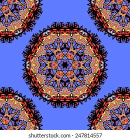 Mandala seamless in red color over blue background.
